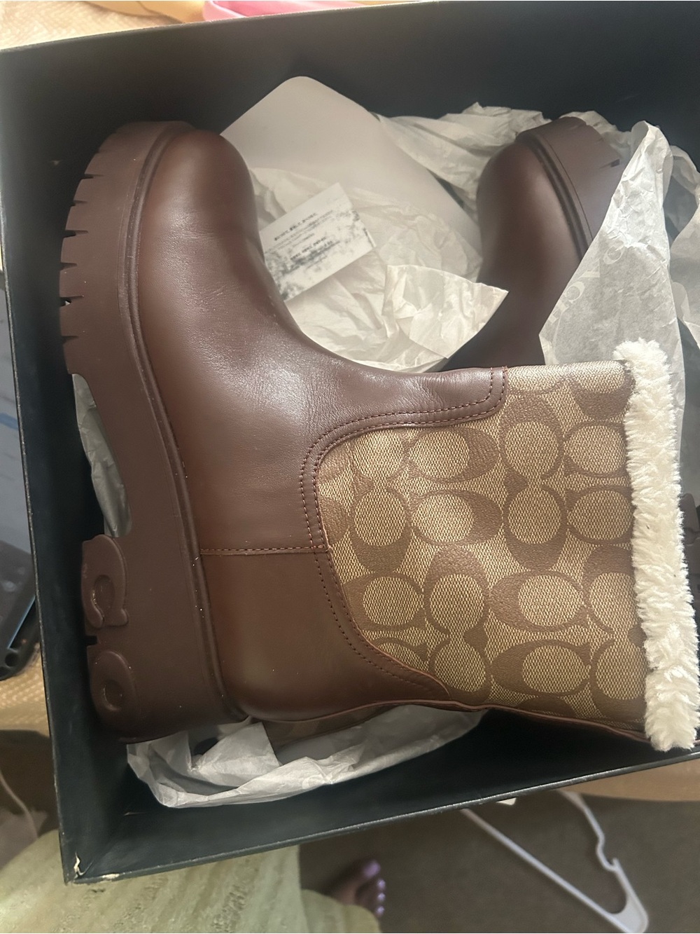 Coach Kids Brown Logo Chelsea Winter Boots with Shearling Trim